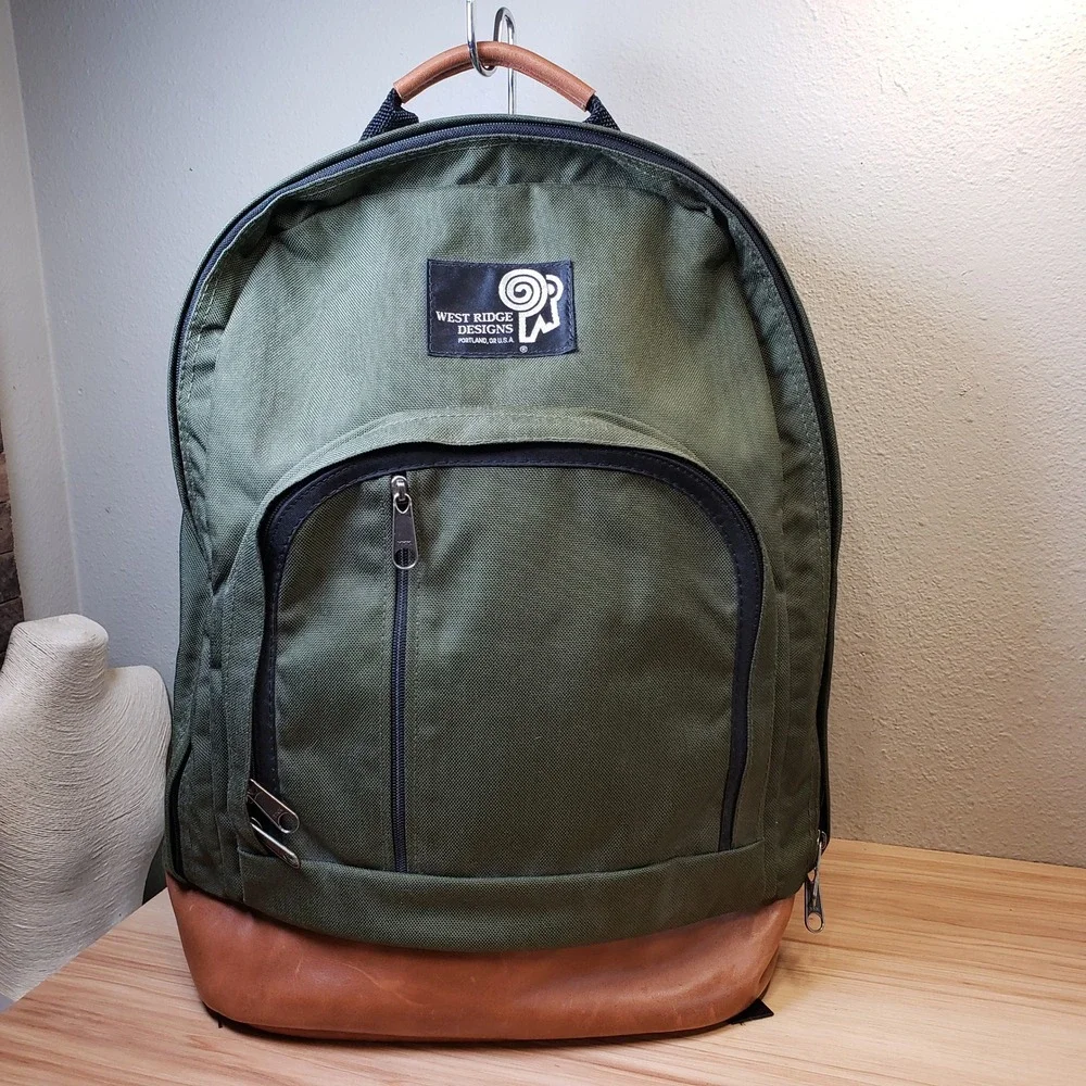 West Ridge Designs Leather Bottom Backpack Olive Green Canvas Granola Gorpcore